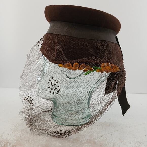 Vintage Women’s Brown Hats Lot of 2 Veiled Fascinator Velvet Pillbox Mid Century main image 10